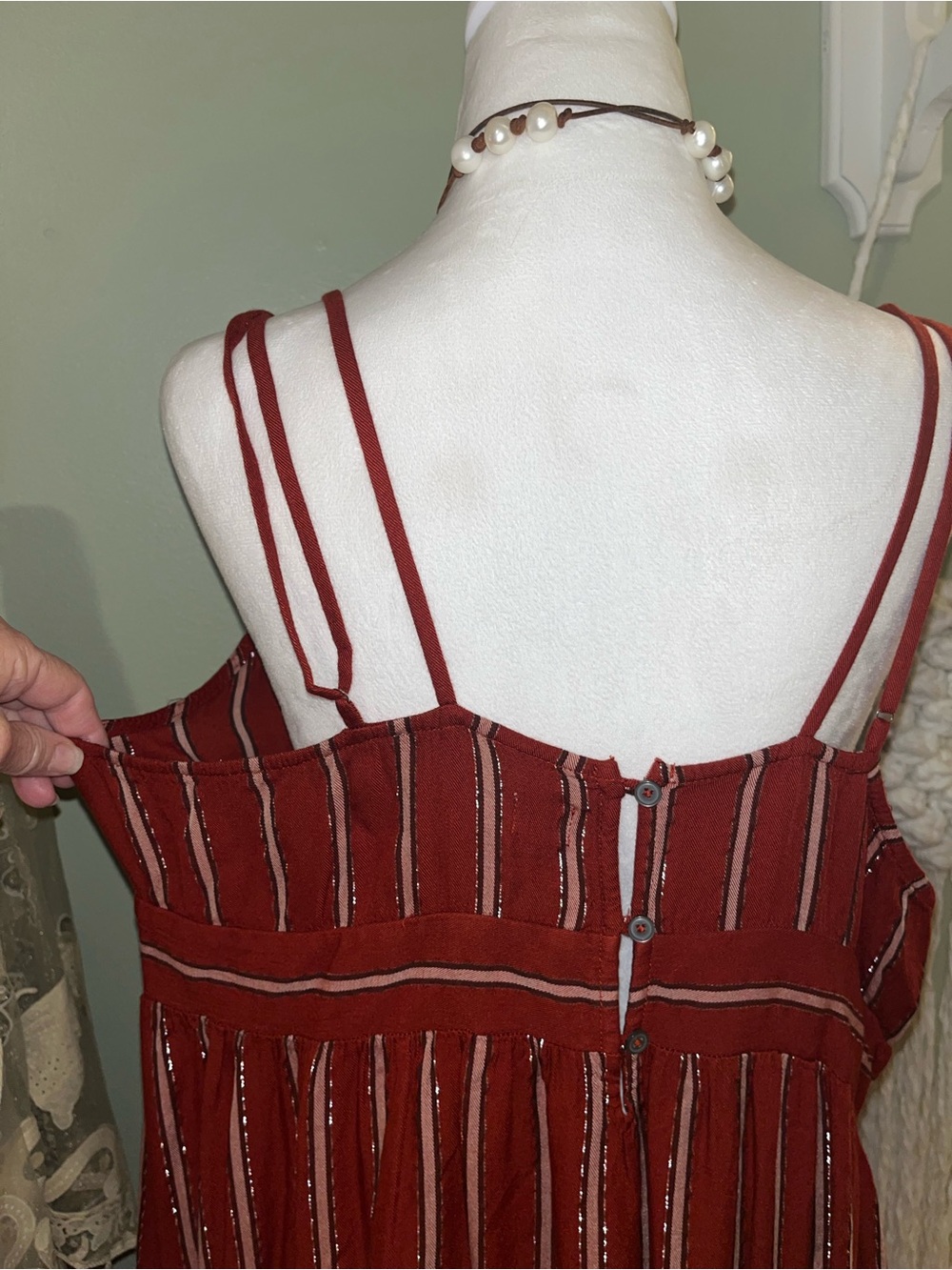 Adjustable Straps V-Neck Striped Maxi Dress in Deep Burgundy - Picture 5 of 12